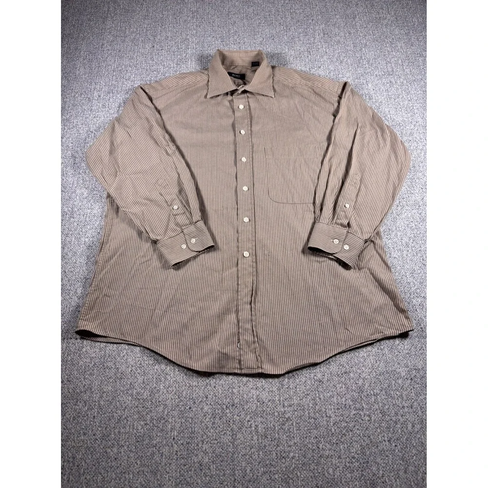 HUGO BOSS Tan Pinstripe Dress Shirt 17 34 35 Long Sleeve Button Up Mens